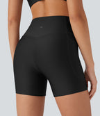 High Waisted Tummy Control Pocket Sheen Running Biker Shorts 5'' — Black — view 5