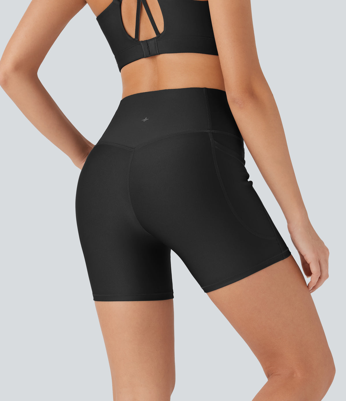High Waisted Tummy Control Pocket Sheen Running Biker Shorts 5'' — Black — view 2