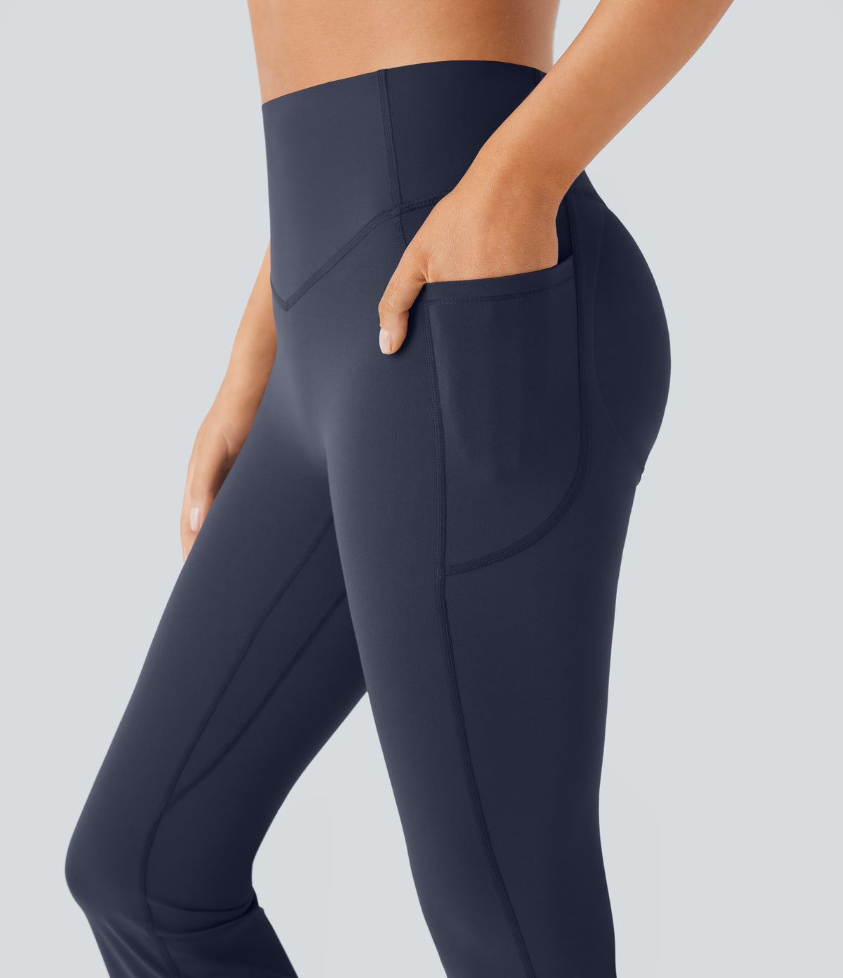 High Waisted Scrunch Butt Lifting Tummy Control Pocket Shaping Yoga Bootcut Leggings — Mood Indigo — view 4