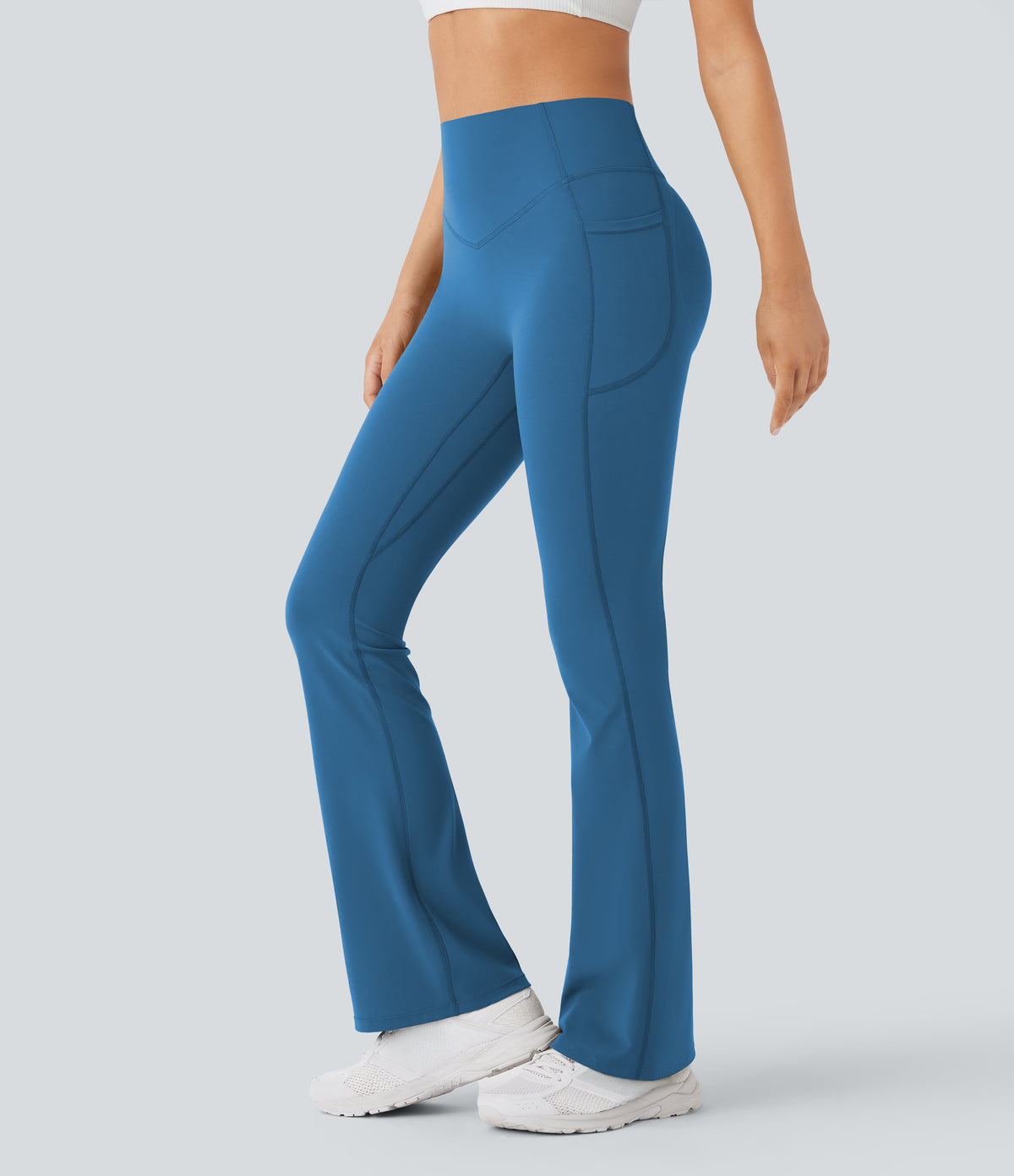 High Waisted Scrunch Butt Lifting Tummy Control Pocket Shaping Yoga Bootcut Leggings — Vallarta Blue — view 23