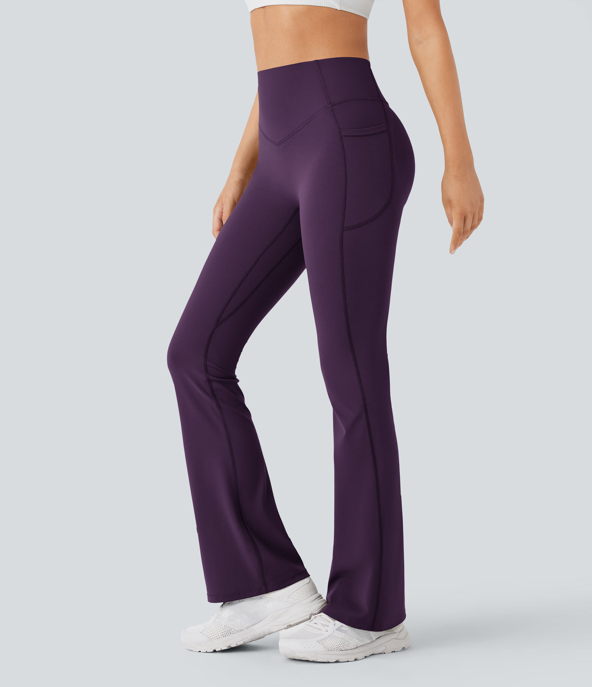 High Waisted Scrunch Butt Lifting Tummy Control Pocket Shaping Yoga Bootcut Leggings — Blackberry Cordial — view 25