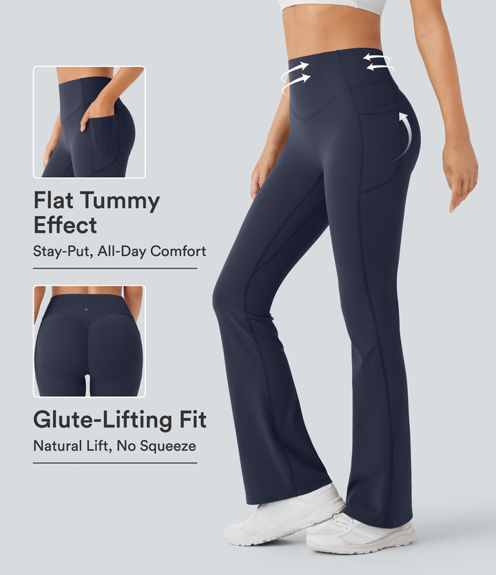 High Waisted Scrunch Butt Lifting Tummy Control Pocket Shaping Yoga Bootcut Leggings — Mood Indigo — view 1