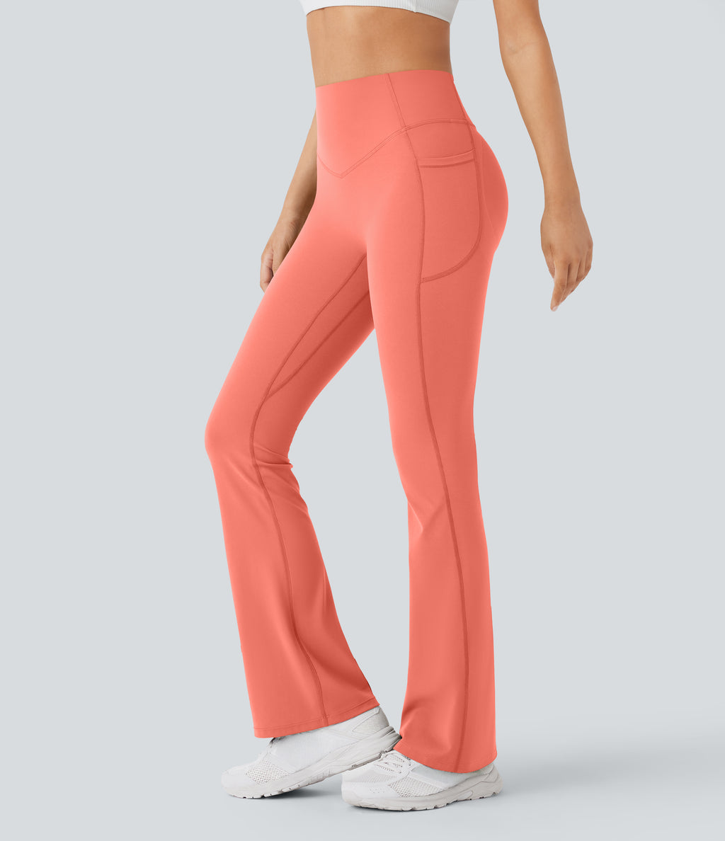 High Waisted Scrunch Butt Lifting Tummy Control Pocket Shaping Yoga Bootcut Leggings — Fusion Coral — view 24