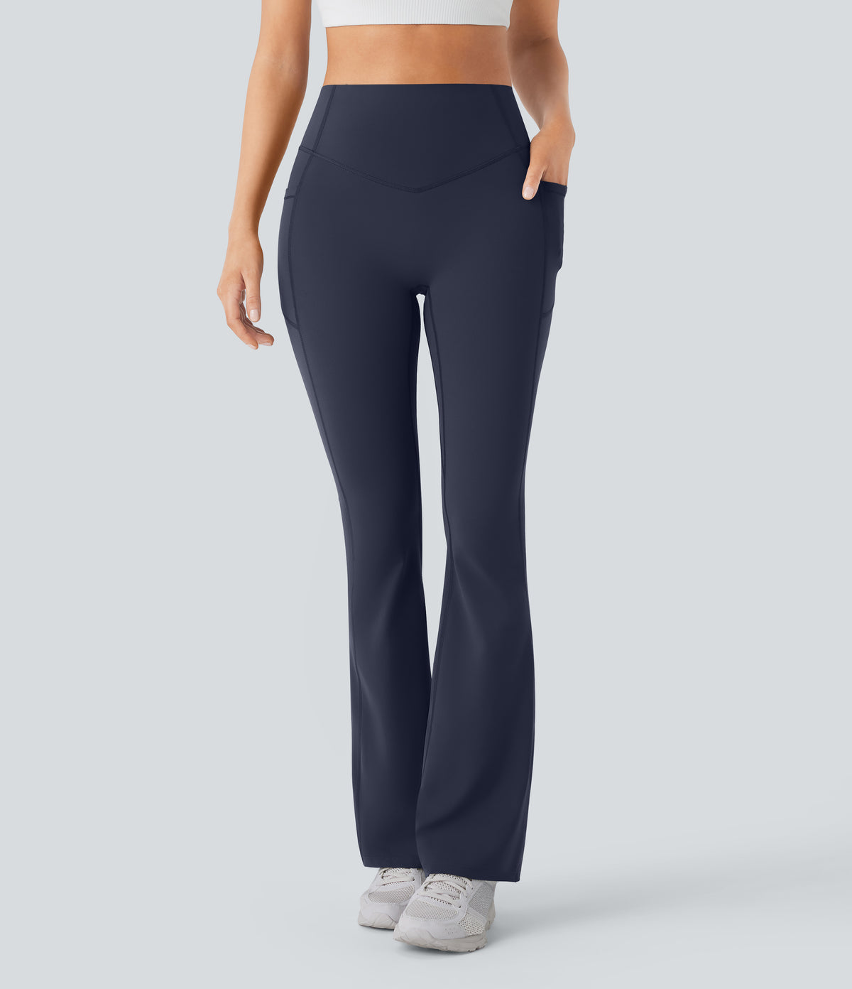 High Waisted Scrunch Butt Lifting Tummy Control Pocket Shaping Yoga Bootcut Leggings — Mood Indigo — view 3
