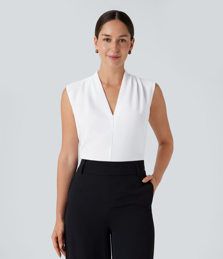 V Neck Sleeveless Work Blouse — White — view 1