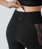High Waisted Crossover Contrast Lace Capri Yoga Leggings — Black — view 4