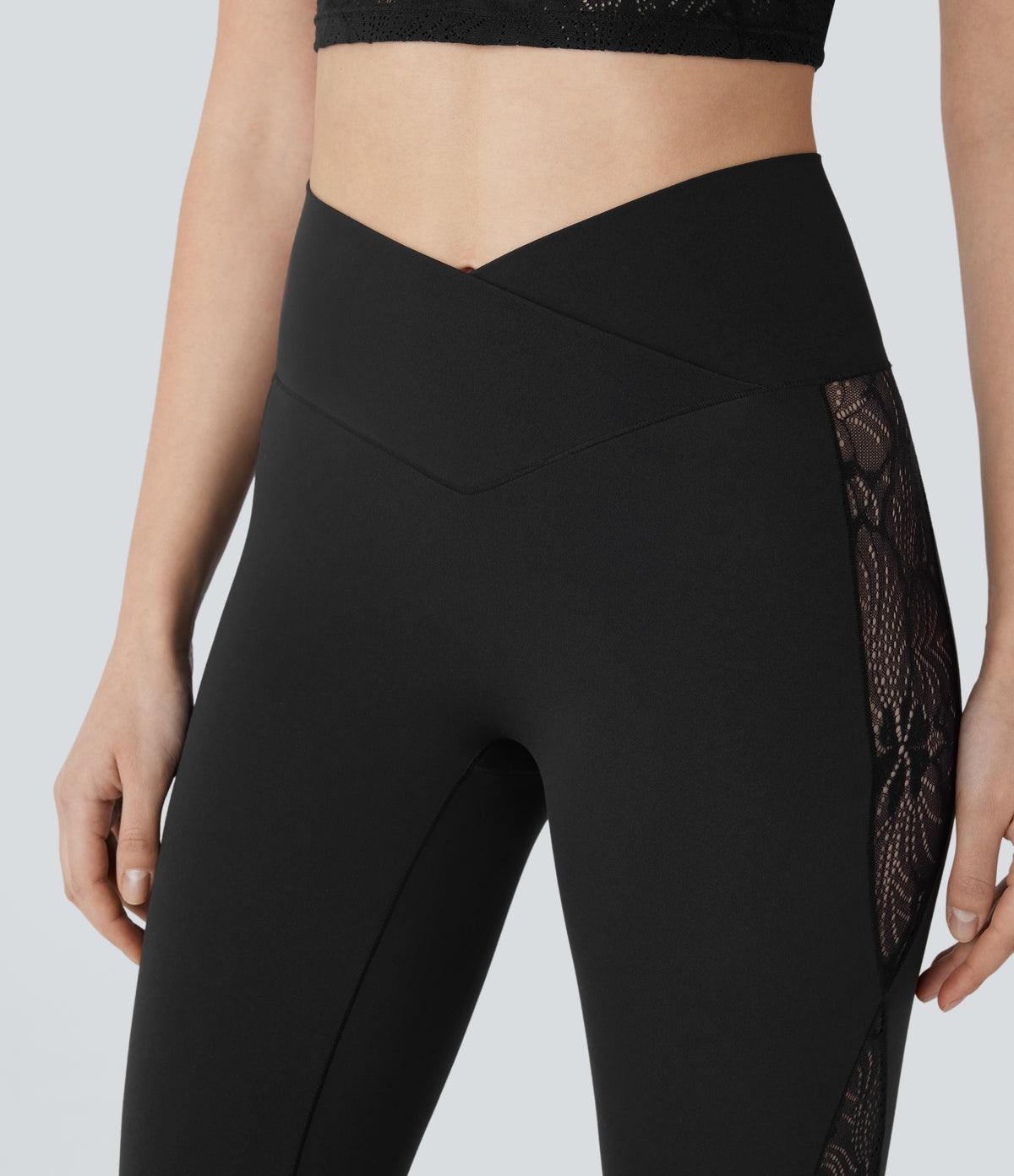 High Waisted Crossover Contrast Lace Capri Yoga Leggings — Black — view 5