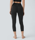 High Waisted Crossover Contrast Lace Capri Yoga Leggings — Black — view 2