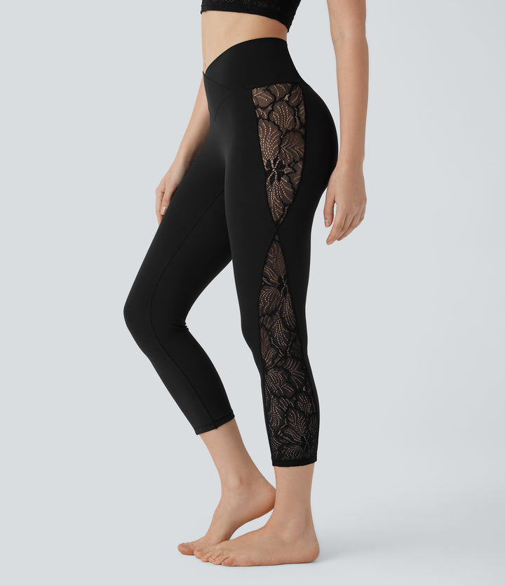 High Waisted Crossover Contrast Lace Capri Yoga Leggings — Black — view 1
