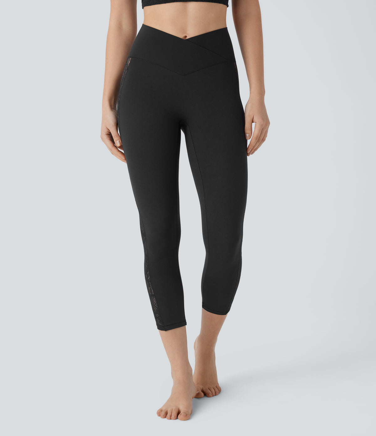 High Waisted Crossover Contrast Lace Capri Yoga Leggings — Black — view 3