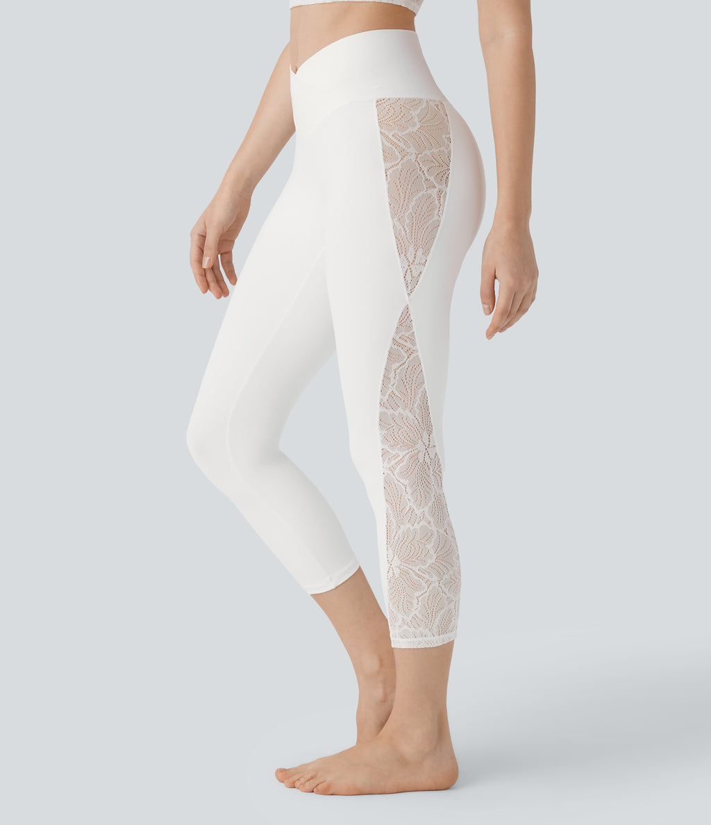 High Waisted Crossover Contrast Lace Capri Yoga Leggings — White — view 8