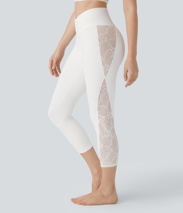 High Waisted Crossover Contrast Lace Capri Yoga Leggings — White — view 8