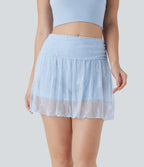 Mid High Waisted 2-in-1 Side Pocket Lace Mini Party Skirt — Ice Water — view 7