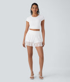 Mid High Waisted 2-in-1 Side Pocket Lace Mini Party Skirt — White — view 6