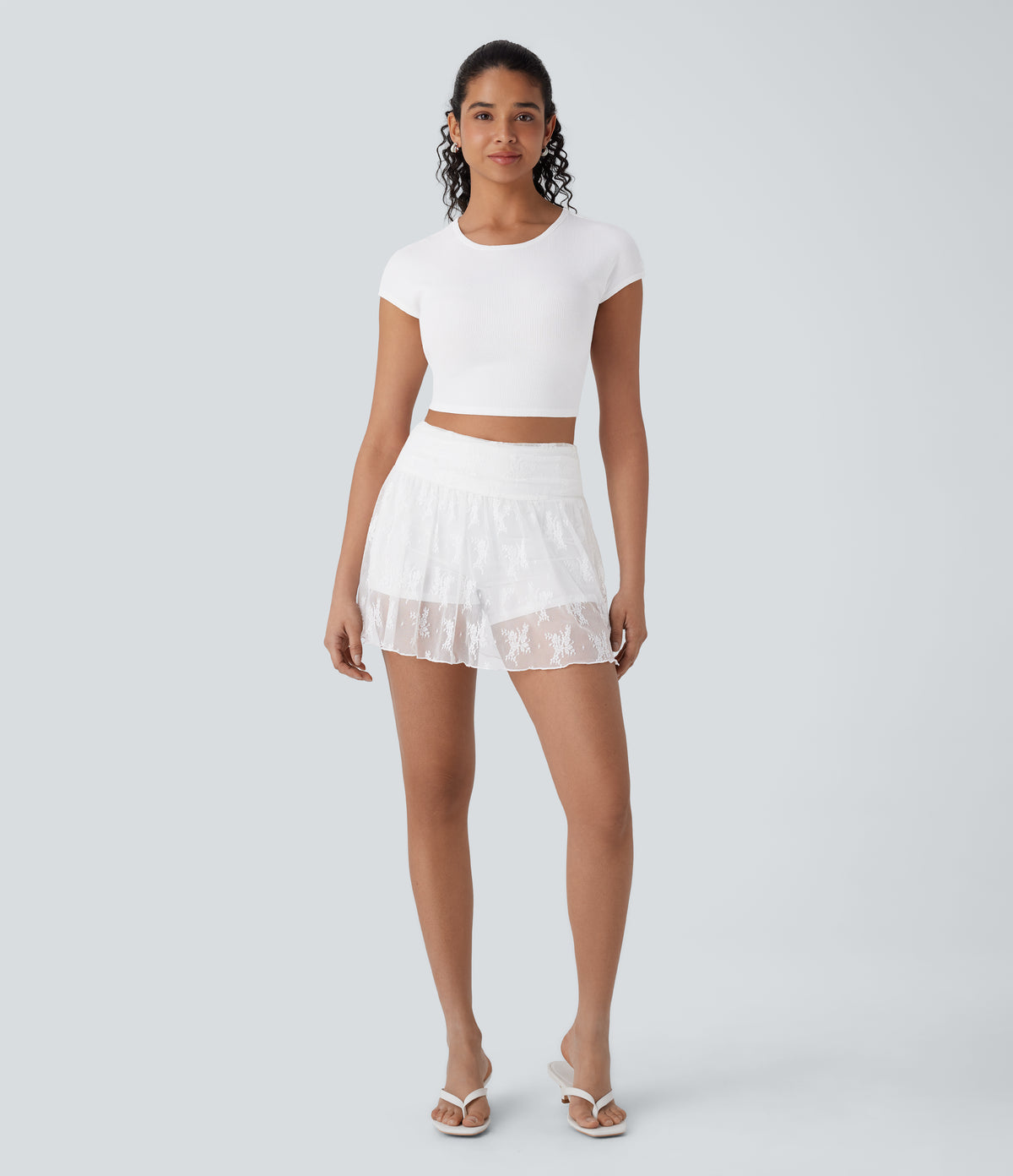 Mid High Waisted 2-in-1 Side Pocket Lace Mini Party Skirt — White — view 6