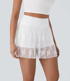 Mid High Waisted 2-in-1 Side Pocket Lace Mini Party Skirt — White — view 3