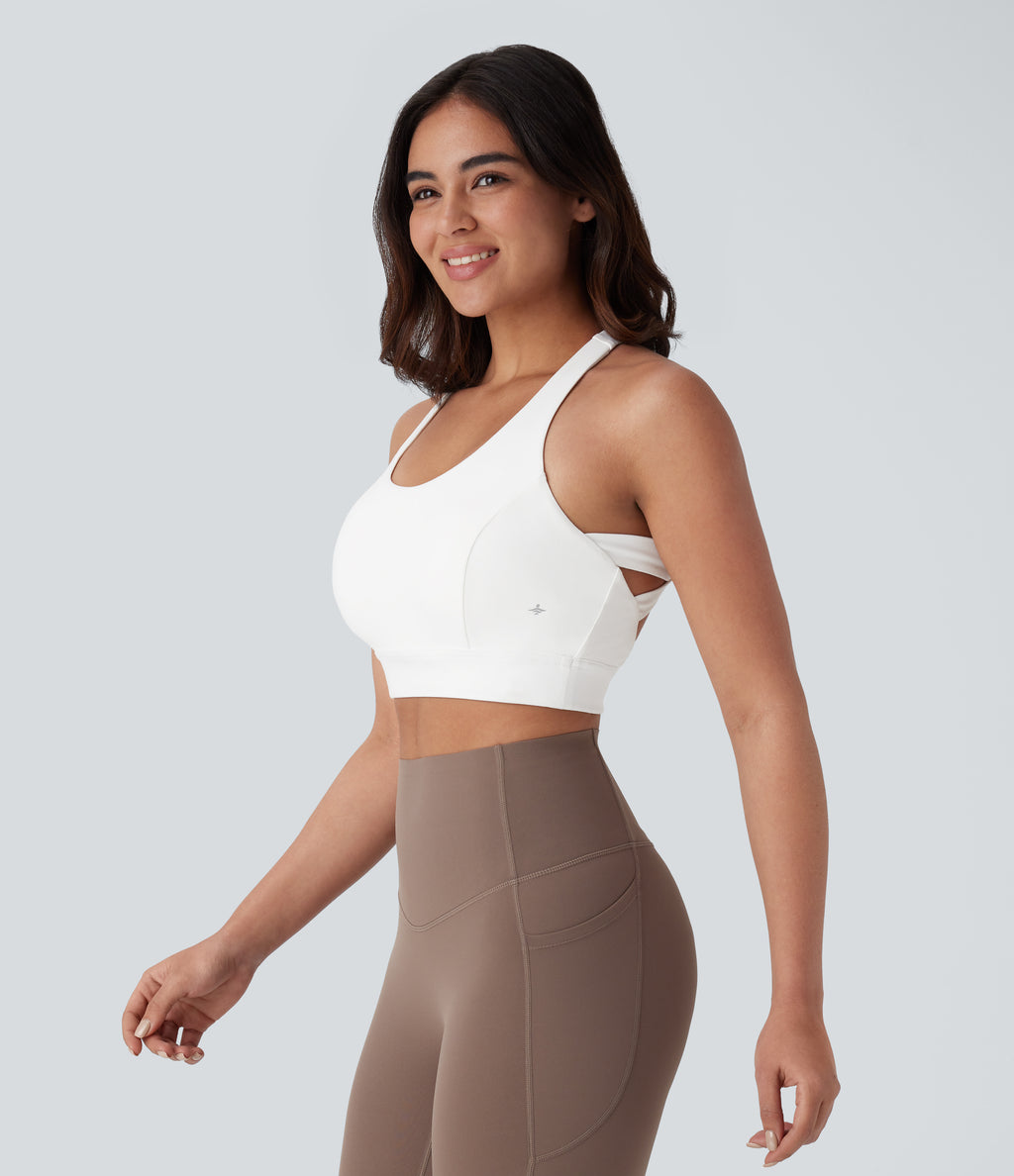 Low Support Racerback Yoga Sports Bra DD-F Cups — White — view 3