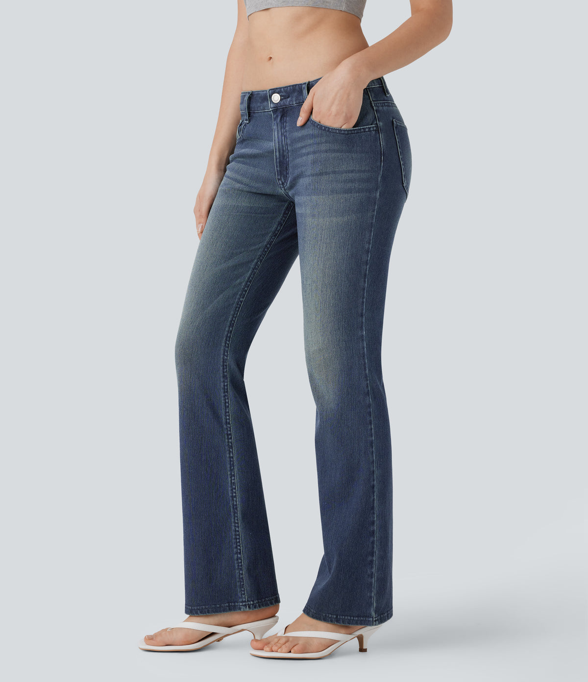 Low Rise Pockets Washed Casual Bootcut Jeans — Azure Retro Denim — view 3