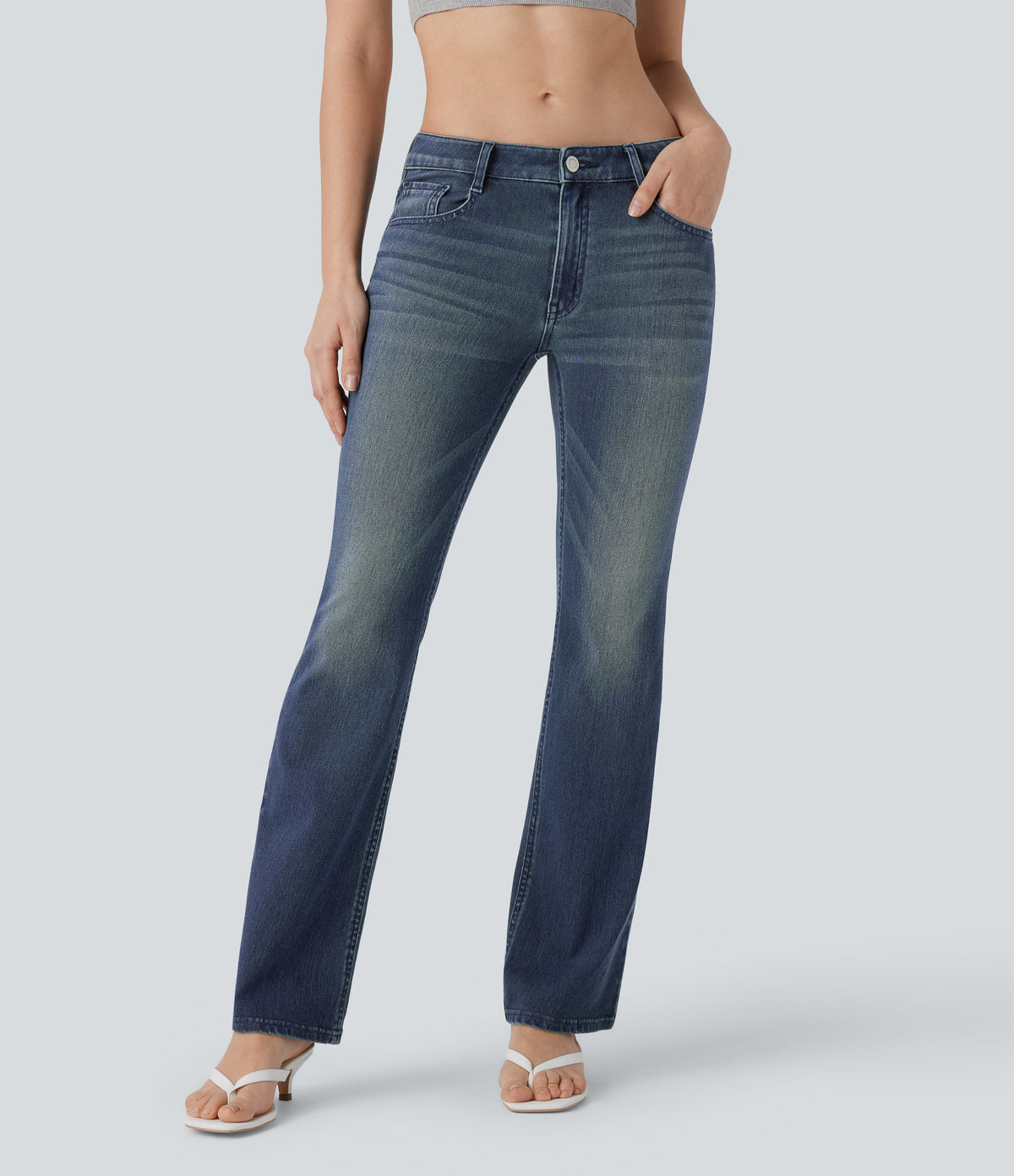 Low Rise Pockets Washed Casual Bootcut Jeans — Azure Retro Denim — view 1