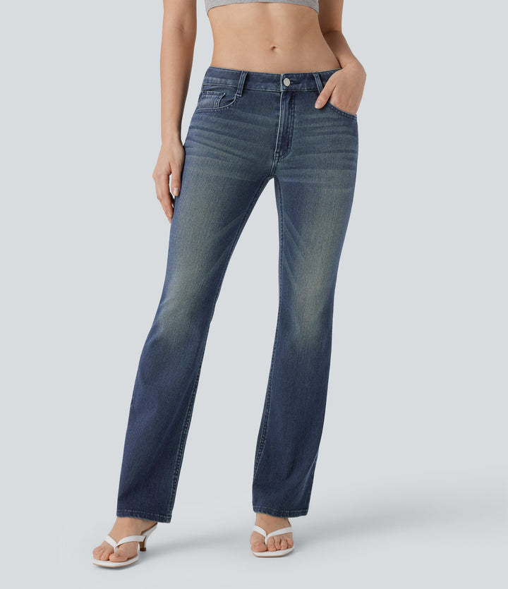 Low Rise Pockets Washed Casual Bootcut Jeans — Azure Retro Denim — view 1