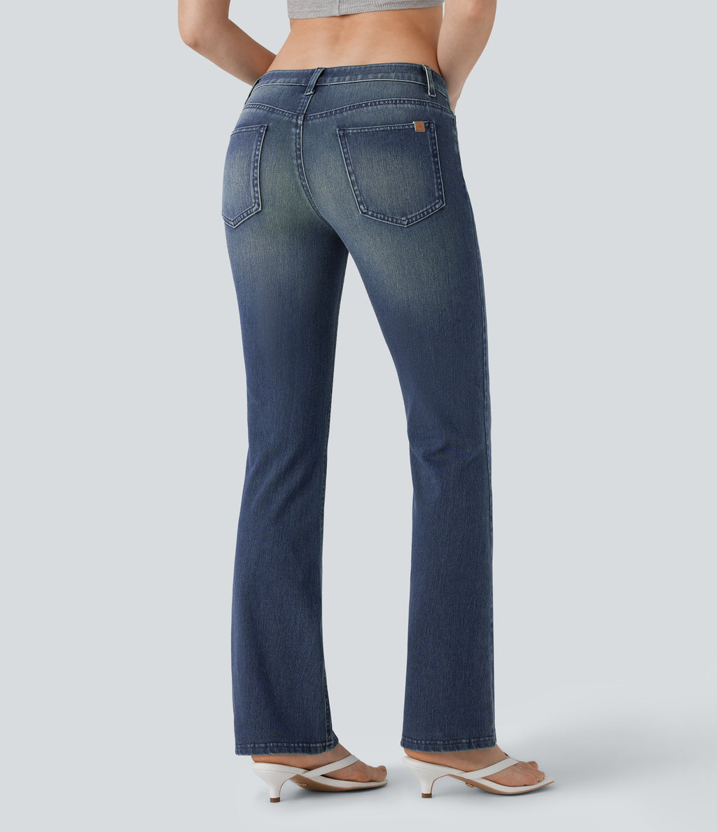 Low Rise Pockets Washed Casual Bootcut Jeans — Azure Retro Denim — view 2