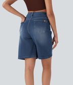 High Waisted Pockets Washed Denim Casual Bermuda Shorts — Cerulean Blue Denim — view 1