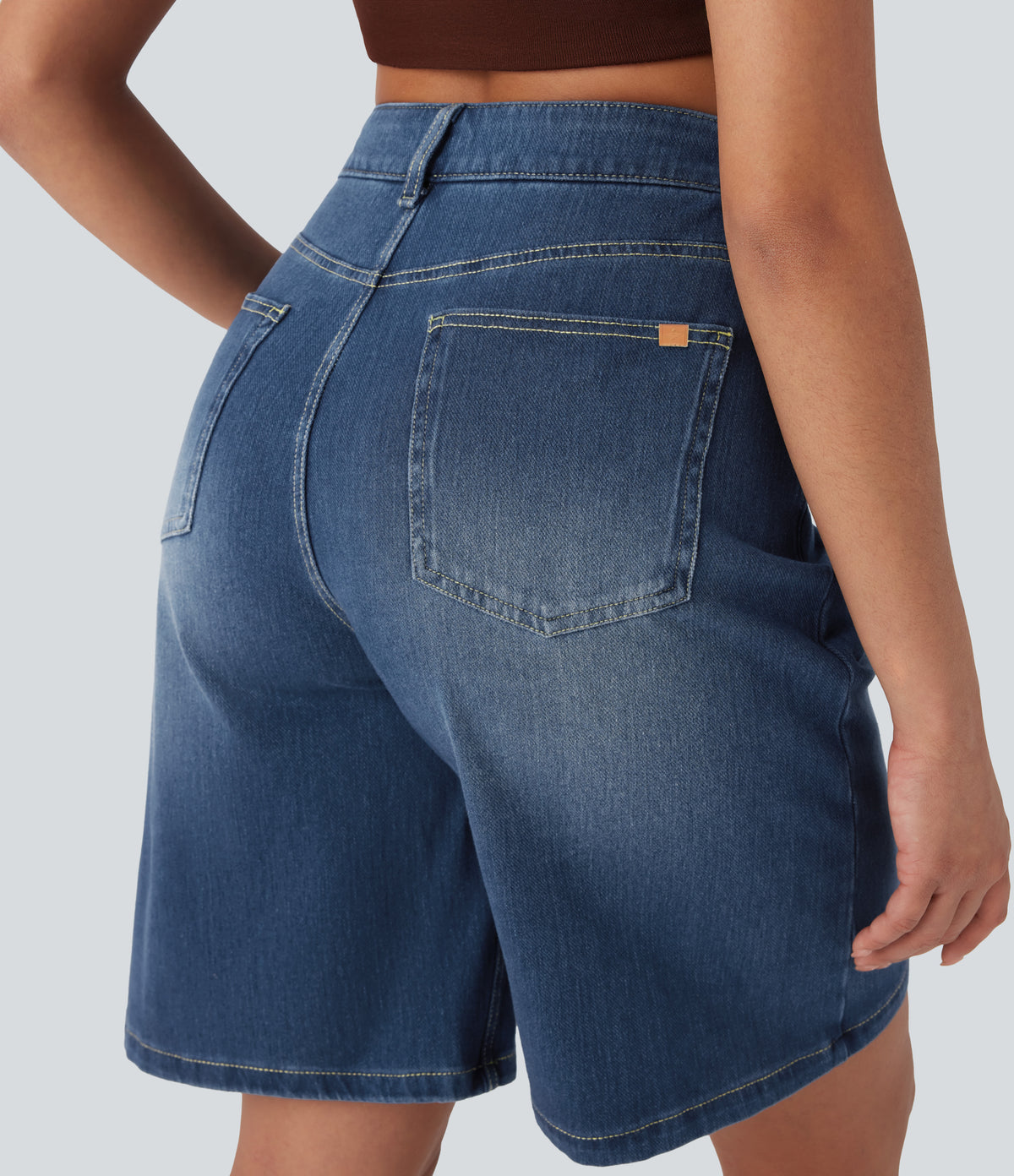 High Waisted Pockets Washed Denim Casual Bermuda Shorts — Cerulean Blue Denim — view 4