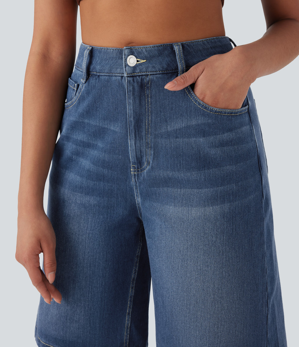 High Waisted Pockets Washed Denim Casual Bermuda Shorts — Cerulean Blue Denim — view 5