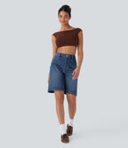 High Waisted Pockets Washed Denim Casual Bermuda Shorts — Cerulean Blue Denim — view 6