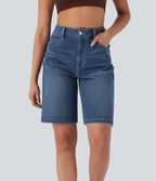High Waisted Pockets Washed Denim Casual Bermuda Shorts — Cerulean Blue Denim — view 2
