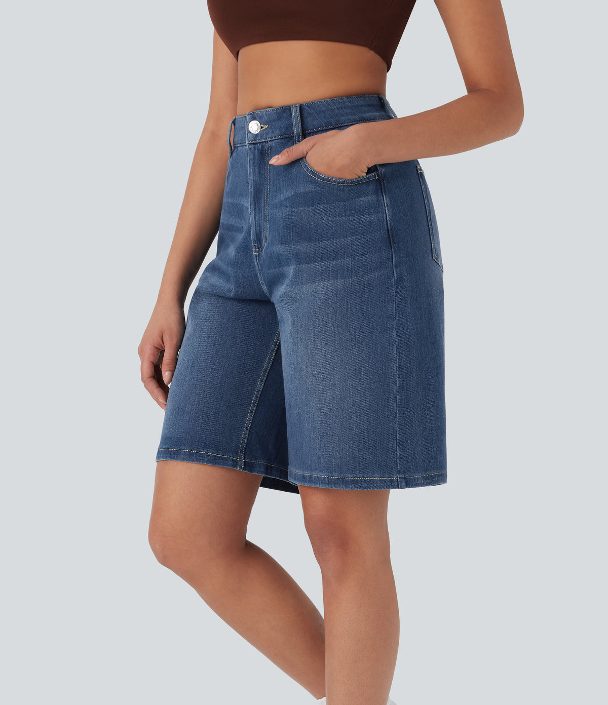 High Waisted Pockets Washed Denim Casual Bermuda Shorts — Cerulean Blue Denim — view 3
