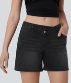 Asymmetric Low Rise Pockets Washed Denim Casual Shorts — Deep Ink Black Denim — view 4