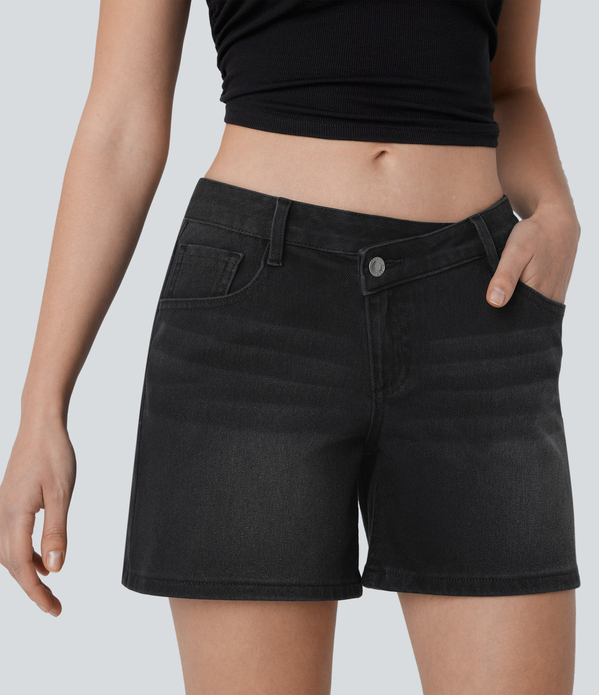 Asymmetric Low Rise Pockets Washed Denim Casual Shorts — Deep Ink Black Denim — view 4