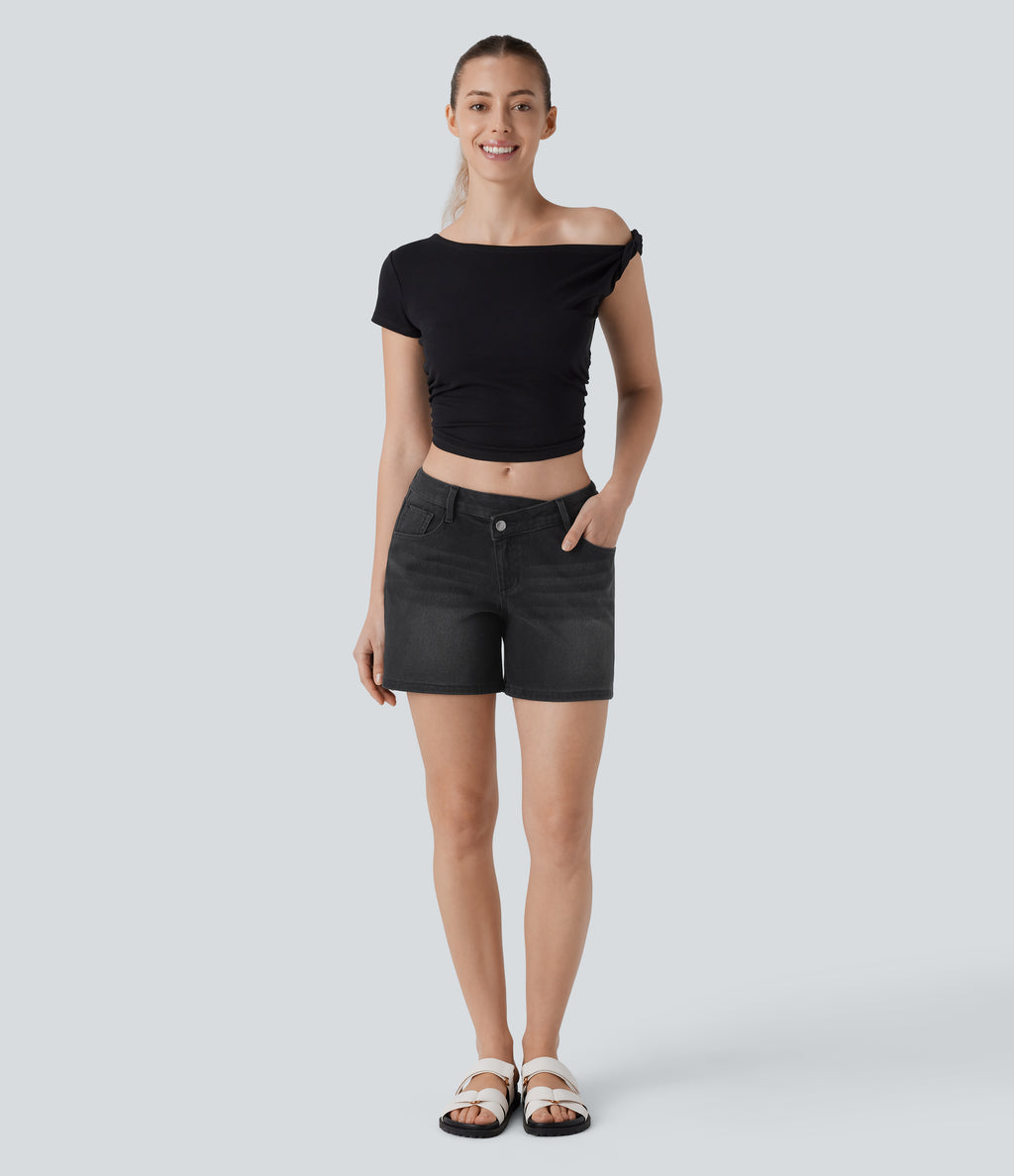 Asymmetric Low Rise Pockets Washed Denim Casual Shorts — Deep Ink Black Denim — view 6