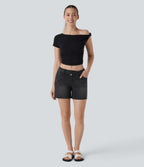 Asymmetric Low Rise Pockets Washed Denim Casual Shorts — Deep Ink Black Denim — view 6
