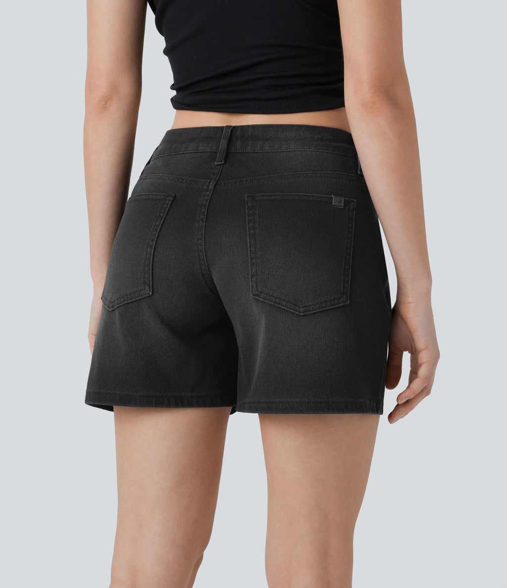 Asymmetric Low Rise Pockets Washed Denim Casual Shorts — Deep Ink Black Denim — view 2