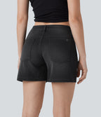 Asymmetric Low Rise Pockets Washed Denim Casual Shorts — Deep Ink Black Denim — view 2