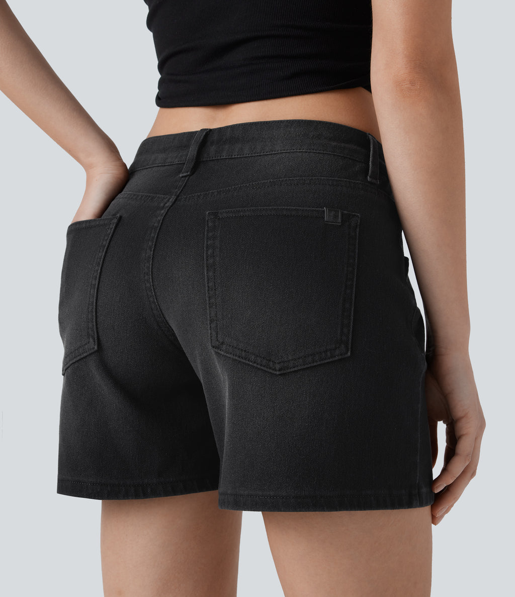 Asymmetric Low Rise Pockets Washed Denim Casual Shorts — Deep Ink Black Denim — view 5