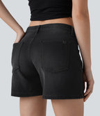 Asymmetric Low Rise Pockets Washed Denim Casual Shorts — Deep Ink Black Denim — view 5