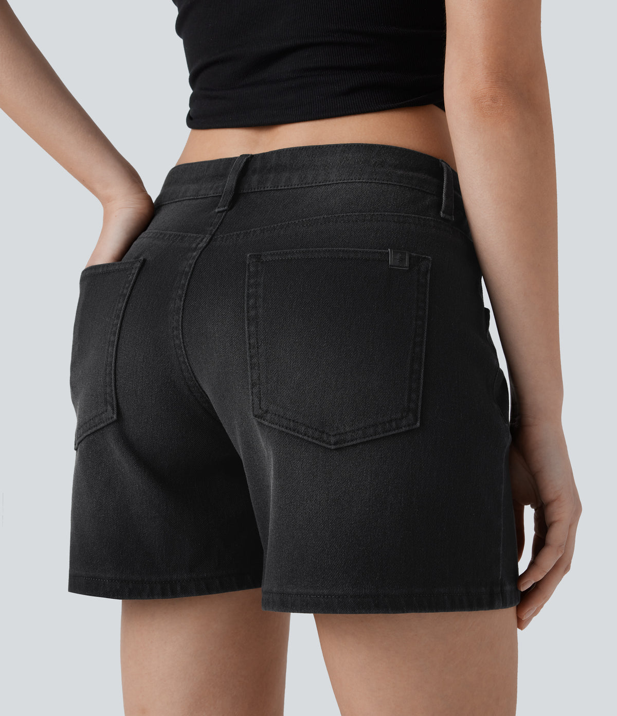 Asymmetric Low Rise Pockets Washed Denim Casual Shorts — Deep Ink Black Denim — view 5