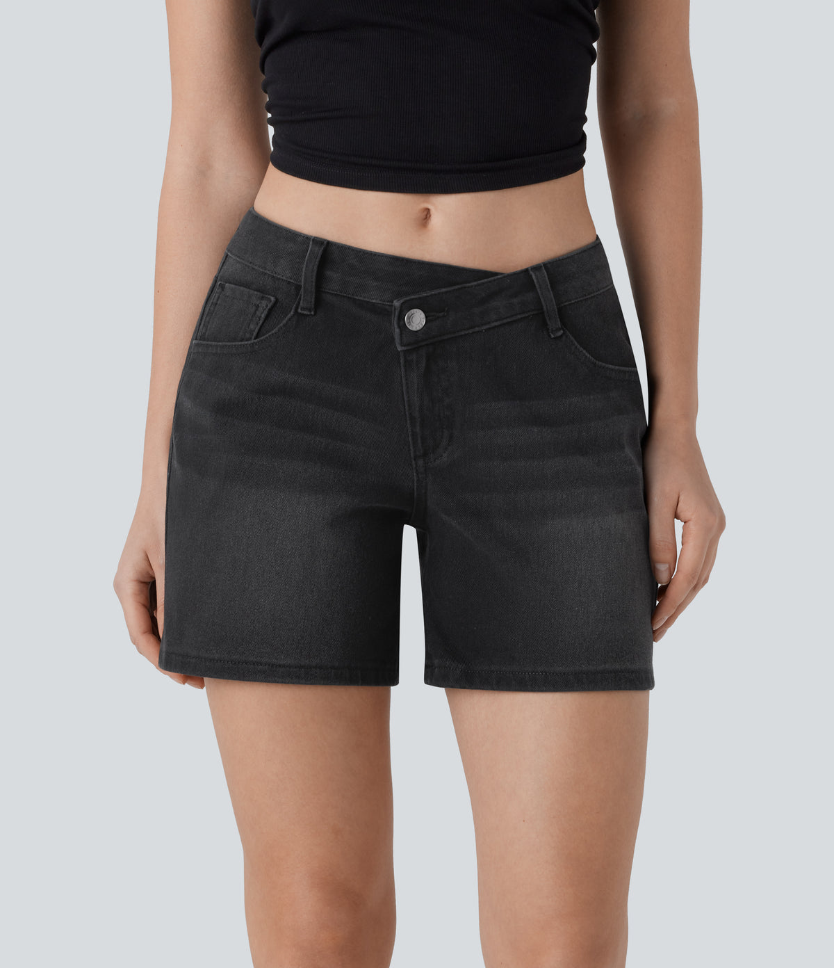 Asymmetric Low Rise Pockets Washed Denim Casual Shorts — Deep Ink Black Denim — view 1
