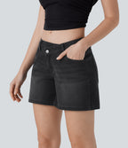 Asymmetric Low Rise Pockets Washed Denim Casual Shorts — Deep Ink Black Denim — view 3