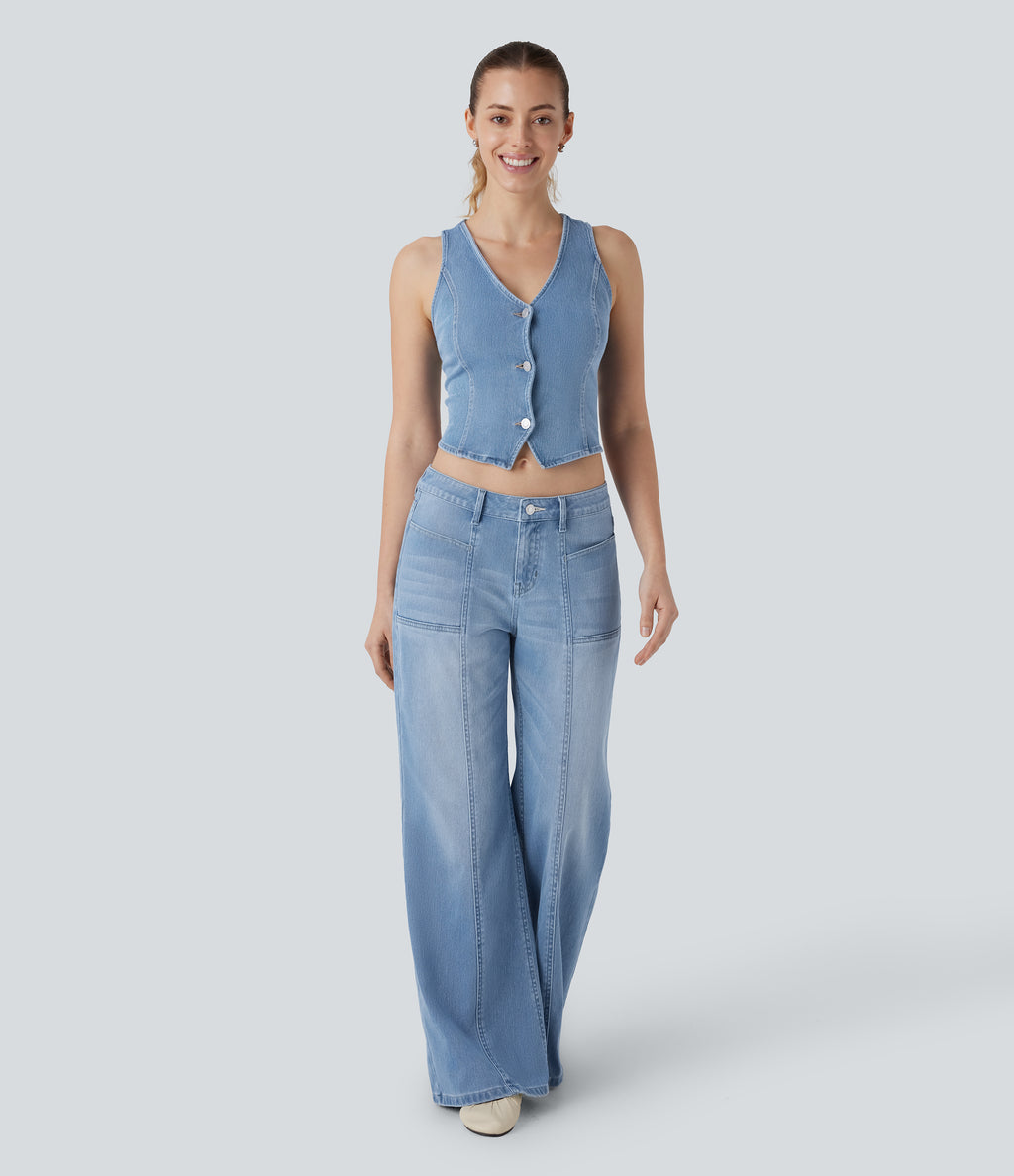 Low Rise Zipper Pockets Baggy Wide Leg Flared Washed Casual Jeans — Sea Blue Denim — view 6