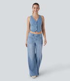 Low Rise Zipper Pockets Baggy Wide Leg Flared Washed Casual Jeans — Sea Blue Denim — view 6