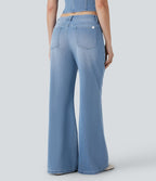Low Rise Zipper Pockets Baggy Wide Leg Flared Washed Casual Jeans — Sea Blue Denim — view 2