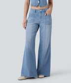 Low Rise Zipper Pockets Baggy Wide Leg Flared Washed Casual Jeans — Sea Blue Denim — view 1