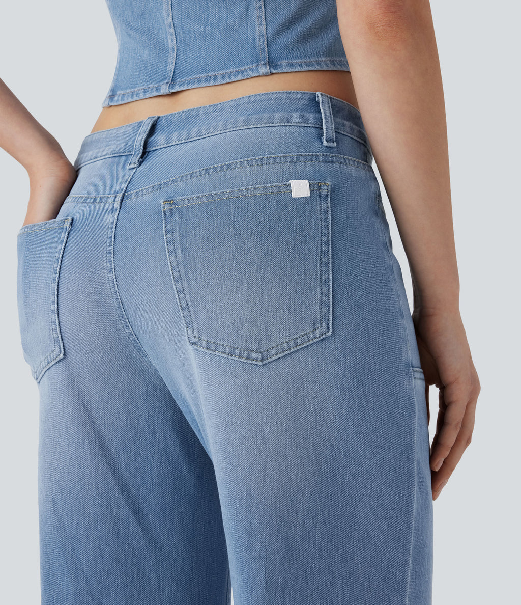Low Rise Zipper Pockets Baggy Wide Leg Flared Washed Casual Jeans — Sea Blue Denim — view 4
