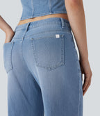 Low Rise Zipper Pockets Baggy Wide Leg Flared Washed Casual Jeans — Sea Blue Denim — view 4