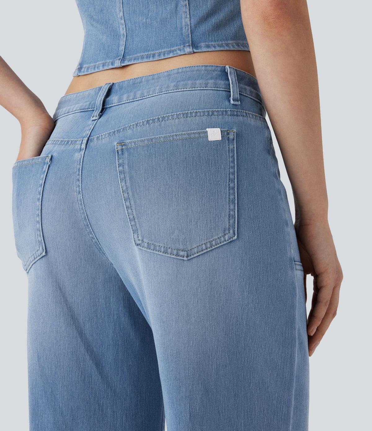 Low Rise Zipper Pockets Baggy Wide Leg Flared Washed Casual Jeans — Sea Blue Denim — view 4
