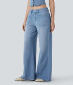 Low Rise Zipper Pockets Baggy Wide Leg Flared Washed Casual Jeans — Sea Blue Denim — view 3